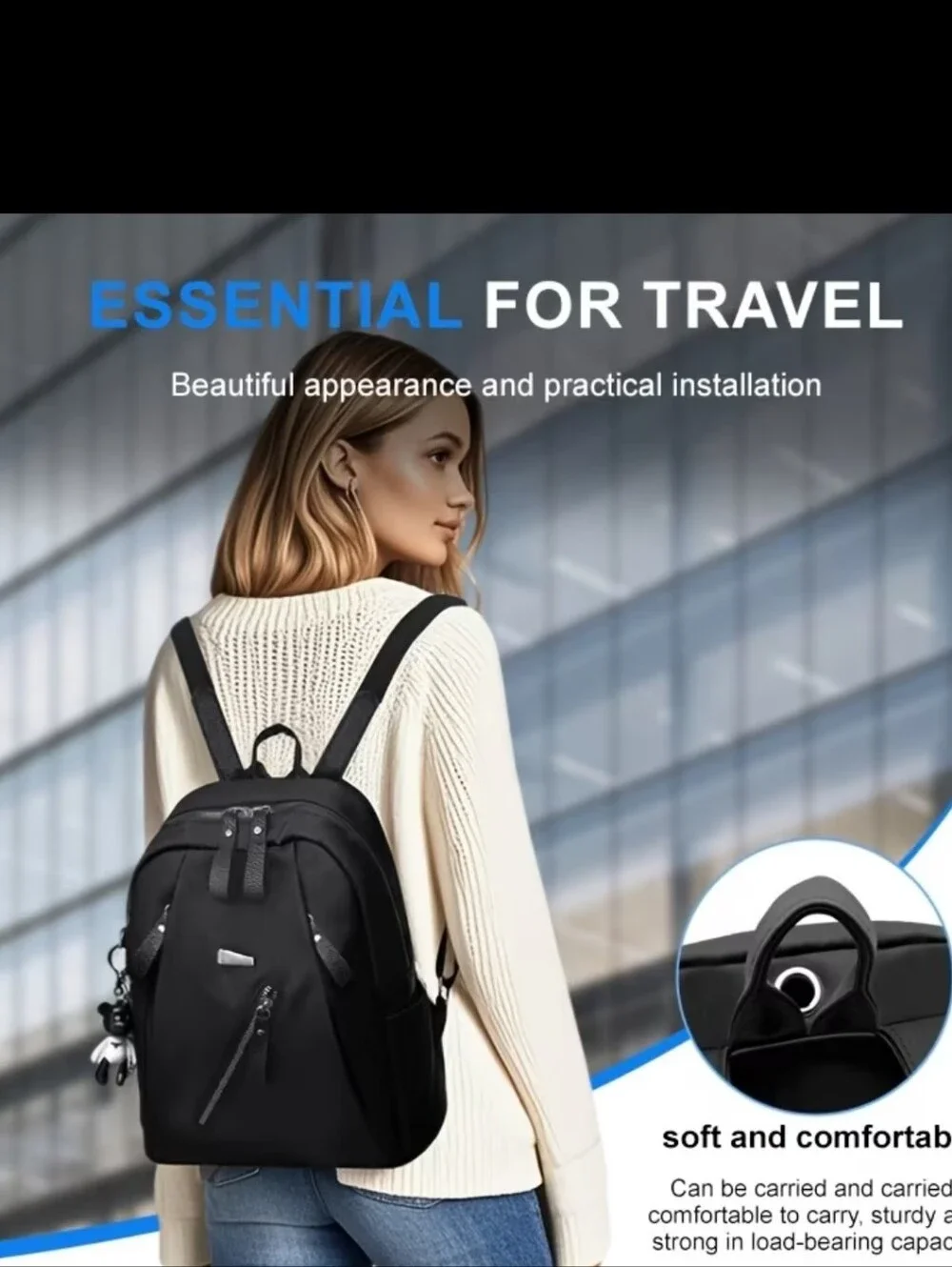 Black Casual Backpack with Front Zip Pocket